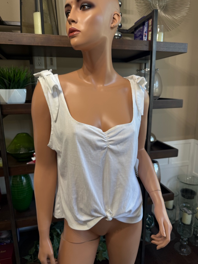 Women's White Tie-Shoulder Knot Front Tank Top 1x Sleeveless Bow Detail Ribbed